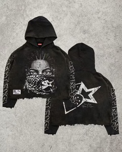 Felpa con Cappuccio Effetto Invecchiato con Stampa Ritratto, Orlo Grezzo, 100% Cotone Pesante, Stile Streetwear Invernale Hip Hop Urbano - Product Image 3