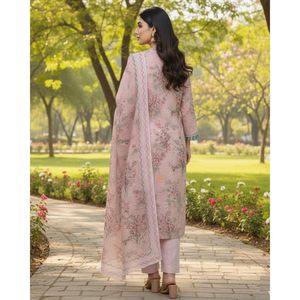 Ensemble de costume 3 pièces pour femme Kriti International, imprimé numérique floral, léger, en rayonne rose, longueur genou, trois-quarts, pour l'été - Product Image 2
