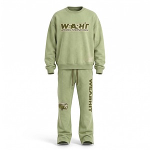 Conjunto de Chándal de Forro Polar Cepillado con Estampado DTG y Pedrería, Sudadera de Cuello Redondo y Pantalones Acampanados, 420 GSM, Color Pistacho, Logotipo Personalizado - Product Image 1