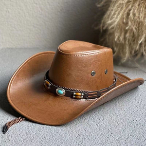 Sombrero de Vaquero de Cuero Marrón y Negro, Sombrero de Vaquero Occidental, Sombrero de Vaquera Vintage para Montar al Aire Libre, Sombrero de Rancho, Sombrero de Vaquero de Cuero Vacuno Genuino - Product Image 2