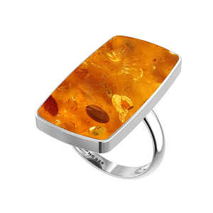 Anillo de Compromiso Unisex de Plata de Ley 925 Certificada con Acabado de Alta Calidad, Engaste de Bisel, Ámbar Natural, Forma de Trillón, Ovalado, Pera, Clásico - Product Image 1