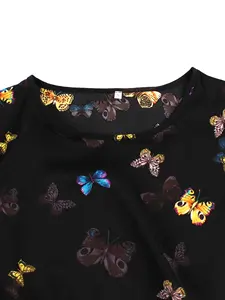 Spring Autumn Women's Polyester <b>Dress</b> Neck Long Sleeve Butterfly Flower Digital Print Middle East Elastic Waist Anti-Static - Product Image 3