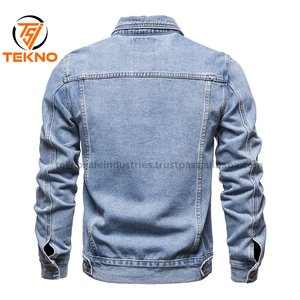 แจ็กเก็ตยีนส์ผ้าฝ้าย100% สำหรับผู้ชายเสื้อผ้าลำลองสีล้วนมีกระเป๋า - Product Image 2