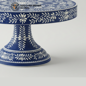 Assiette à dessert de luxe en forme de feuille florale avec support à gâteau en incrustation d'os bleu fabriqué à la main - Product Image 4