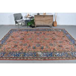 Tapis Turc Vintage Classique Orange Bleu Patchwork Design 7.1 X 10.2ft Coton Bio Laine Latex pour Couloir Rectangle Espace - Product Image 1