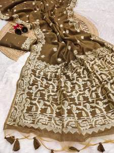 Sari de algodón Chanderi indio suave de primera calidad para mujer con Pallu de diseño Jamdani, hermoso borde en contraste y estampado Butti tejido. - Product Image 2