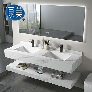 Lavabos dobles de 1400mm, losa de mármol brillante de lujo, lavabo sin costuras, tocador, estilo moderno, juego de armario de baño de piedra sinterizada con espejo - Product Image 5