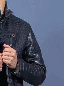 แจ็กเก็ตหนังงูสีน้ำเงินเข้มของผู้ชายมีโลโก้ด้านหน้าสไตล์วินเทจกันลมระบายอากาศเป็นมิตรกับสิ่งแวดล้อม - Product Image 3