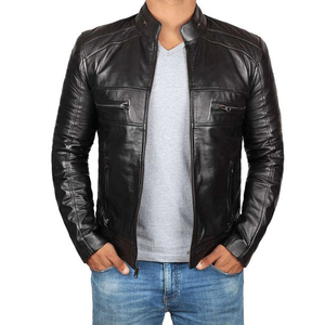 Vestes de moto slim en cuir de vache véritable 100% et coton 100%, écologiques, avec rembourrage décoratif, fermeture éclair sur les épaules, manches et devant - Product Image 1
