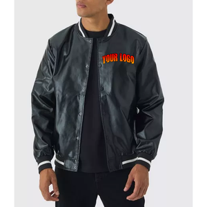 OEM personnalisé hommes noir en cuir PU Varsity Full Faux-cuir Baseball Bomber Coat rayé côtelé Snap avant Jacket - Product Image 1