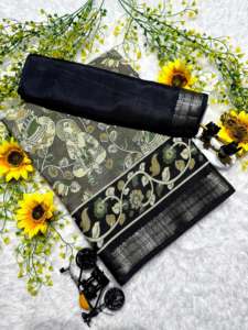 Sari Original de Algodón Pesado para Mujer con Borde Jacquard y Diseño Completo, Incluye Pieza de Blusa - Product Image 4