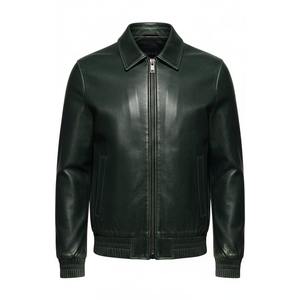 Veste d'hiver pour homme en cuir véritable de qualité supérieure, vert foncé, coupe ajustée, style bomber, col mandarin, logo sur le devant, respirante - Product Image 1