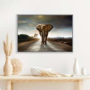 Elegant Printed Canvas: Alone Elephant Tempered Glass Art,WHITE <b>FRAMED</b> CANVAS - Product Image 1