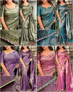 Sari en soie jacquard satinée avec tissage zari, pallu riche, bordure en dentelle perlée, sari pour femmes fabriqué en Inde en stock - Product Image 2