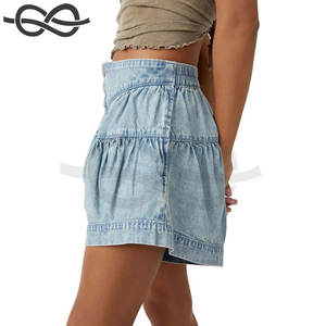 Pantalones cortos de mezclilla para mujer Casual verano cintura alta pierna ancha abotonado plisado volantes Jean Shorts moda comodidad - Product Image 5