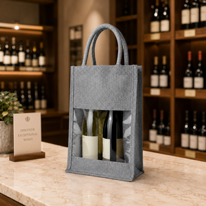 Sac de transport pour deux bouteilles de vin en coton recyclé laminé personnalisé, avec fenêtre transparente en PVC, poignées rembourrées souples, sac cadeau, 20x34x10 cm - Product Image 2
