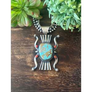 Handmade Ethnic Religious Style Chimney Butte #8 Turquoise & Coral Bezel Setting Pendant <b>Charm</b> Pendants Sterling <b>Silver</b> - Product Image 1