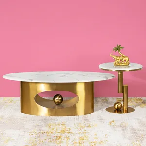 Sang Trọng Hai Bàn Cà Phê Đặt Khung Vàng Hình Bầu Dục Hình Dạng Bằng Đá Cẩm Thạch Hàng Đầu Thiết Kế Đẹp Phòng Khách Bàn Cà Phê Thiết Lập - Product Image 3