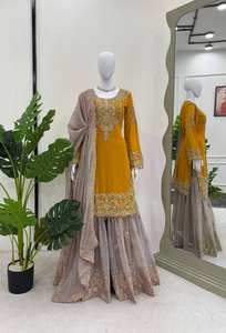 <b>Yellow</b> Color Indian Pakistani Indian Sharara Suit Design Wedding Kurti Sharara Dupatta, Kameez Party Wear <b>Dresses</b> Gown Kurti - Product Image 4