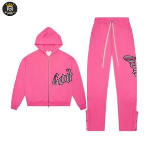 Survêtement à capuche à cordon de serrage en tissu respirant écologique rose uni à manches longues avec strass pour la saison hivernale - Product Image 1