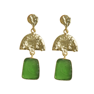 Boucles d'oreilles pendantes en laiton de qualité supérieure, plaquées or, avec quartz fluorite, pierre naturelle, design texturé mat, tendance, vintage, pièce unique - Product Image 1