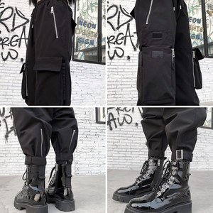 Pantalones Cargo Negros Estilo Gótico Hip-Hop para Mujer, Pantalones Holgados con Cadenas, Multibolsillos, Multicremalleras, Estilo Punk Gótico - Product Image 6