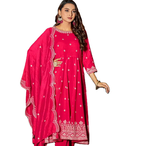 La última colección de estampado de rayón pesado con Pent y Chanderi Work Duppata Kurti para mujer - Product Image 1