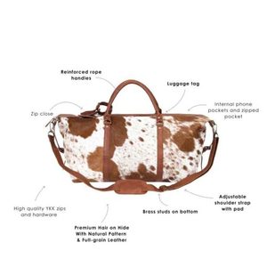 Bolsa de lona de cuero genuino de piel de vaca Unisex más vendida, lona de viaje de moda Hairon Weekender con cierre de cremallera - Product Image 4