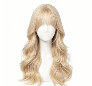 Perruque longue ondulée blonde avec frange, cheveux synthétiques ondulés pour femmes - Product Image 1
