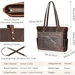Vintage Brown Women's Leather Tote <b>Bag</b> Shoulder Purse Crossbody Leather <b>Work</b> Handbag Cowhide Leather Tote <b>Bags</b> With Zipper - Product Image 5