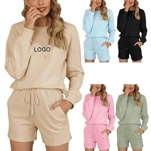 Conjunto de Sudadera Corta Lisa y Pantalones Cortos por Encima de la Rodilla para Mujer, Conjunto de Dos Piezas Casual y Moderno con Mangas Largas - Product Image 2