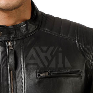 Chaqueta de Cuero Negra para Hombre, Estilo Motero, Cuello Alto, Cuero Genuino/PU, Fabricante OEM, Venta al Por Mayor Personalizada - Product Image 6
