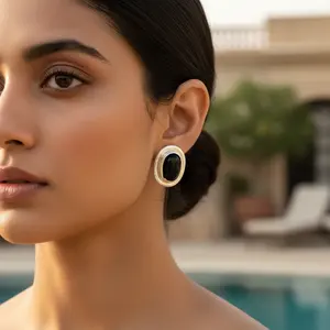 "Drop <b>Earrings</b> with <b>Black</b> Onyx Stone <b>for</b> <b>Women</b> Trendy Gold Plated 18K Gold" - Product Image 1