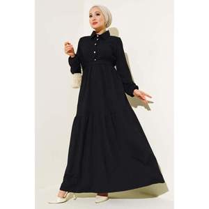 <b>Black</b> Modest <b>Dress</b> <b>with</b> Half Stone <b>Button</b> Detail - Product Image 3