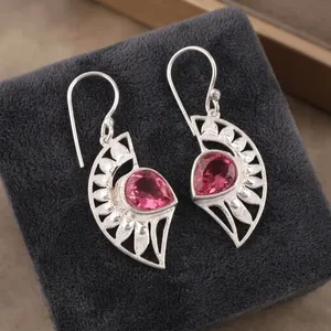 Women's Ethnic 925 Sterling Silver Bohemia Drop <b>Earrings</b> Freshwater <b>Pearl</b> <b>Pink</b> Tourmaline Bezel Setting Flower Pattern Everyday - Product Image 2