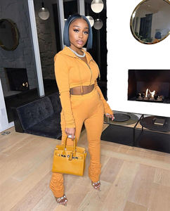 New 2023 Sexy <b>Cropped</b> <b>Zip</b> <b>up</b> Hoodies Custom Stacked Sweatsuit Flare Sweatpants Women <b>Hoodie</b> and Pant Tracksuit for Women - Product Image 2
