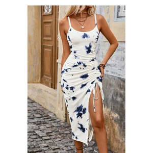 Vestido Midi Supreme con Tirantes, Cuello Redondo, Estampado y Fruncido Lateral para Mujer, 35828 - Blanco - Product Image 1