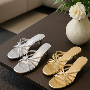 Escarpins à talon chaton métalliques à brides pour <span class=keywords><strong>femme</strong></span>, bout carré, <span class=keywords><strong>mules</strong></span> argentées et dorées à enfiler pour l'été – Disponibilité OEM/ODM - Product Image 2