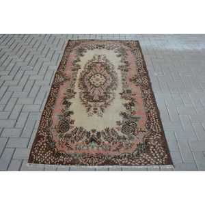 Turkish Vintage Area Rug 3.8x6.9 ft, <b>Brown</b> Pink Moroccan Rug - Product Image 1