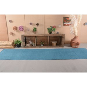 Alfombra turca Vintage moderna, diseño de retales azules de 2,6x11,8 pies, Material de lana, respaldo de látex, pasillo rectangular de felpa para vivir - Product Image 1