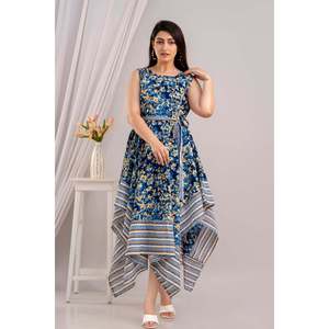 Vestido Maxi Azul con Estampado Floral, Sin Mangas, con Dobladillo Asimétrico, Estilo Bohemio de Lujo, Sexy y Casual para Verano, Tejido de Punto con Forro Plisado - Product Image 1