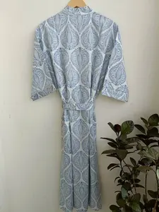 ชุดคลุมอาบน้ำชุดกิโมโนยาวถึงพื้นทำจากผ้าฝ้าย100% ชุดนอนแม็กซี่พิมพ์ลายสีฟ้า - Product Image 5