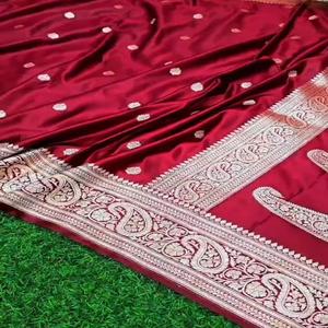 Sari Banarasi Mashru de Alta Calidad, Tela Suave y Fluida, Tejido Buti Intrincado, Tradicional, de Secado Rápido, Protección Solar - Product Image 1