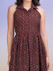 Robe imprimée en coton mélangé à col chemise et évasée sans manches pour femmes - Product Image 3