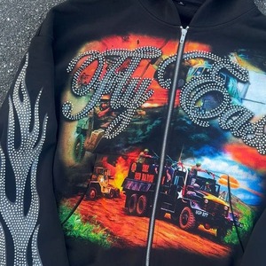 Sudaderas con capucha con estampado digital de diamantes de imitación personalizados Sudaderas con capucha con cremallera recortadas Hombres French Terry Pullover Grueso 400 Gsm Sudaderas con capucha de peso pesado - Product Image 3