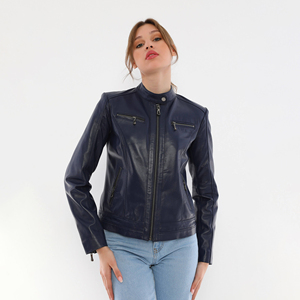 Luxury Vintage Navy <b>Blue</b> Aviator Jacket for Women Genuine Leather Cotton Filling Button Collar OEM Design Economically Priced - Product Image 6
