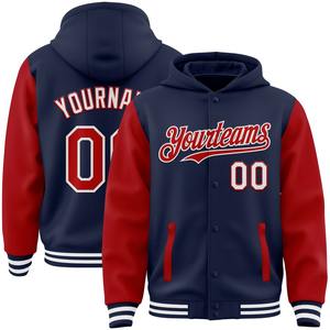 Directo industria venta al por mayor casual invierno personalizado azul marino rojo-blanco bombardero Full-Snap Varsity Letterman dos tonos chaqueta con capucha - Product Image 1