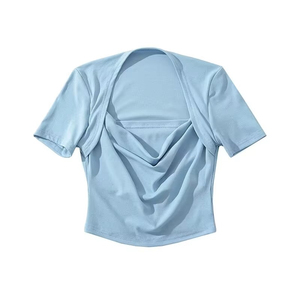 Camisetas de algodón de alta calidad para mujer con camiseta en el pecho Camiseta de manga corta de color sólido con cuello redondo Camiseta de moda informal - Product Image 5