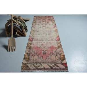 Tapis Turc Vintage Rouge Beige Laine Grande Surface 3.1 X 8.5ft Patchwork Rectangle Couloir Design Latex pour Chambre Salon Utilisation - Product Image 1