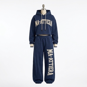 Conjunto Deportivo Personalizado para Mujer, Sudadera Corta Azul Marino y Pantalones Anchos de Felpa, Ropa Deportiva Urbana, Venta al Por Mayor OEM - Product Image 4